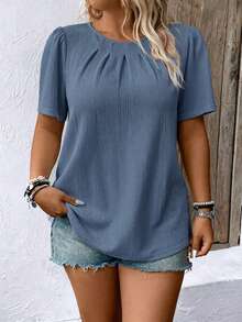 EMERY ROSE Plus Size Casual Solid Color Puff Sleeve Blouse - Blue - View 5