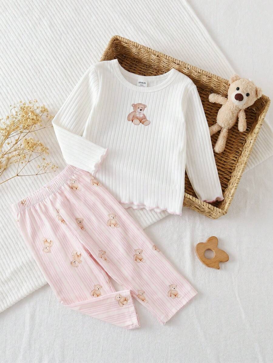 Baby Girls' 3D Bear Applique Ribbed Top And Bear Print Ribbed Pants Pajama Set White & Pink Color For Girl - Multicolor - View 1