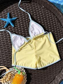 Swim Mod Summer New Multi-Color Pale Yellow Textured Fabric Ocean Starfish Decor Halter Tie Beach Vacation Women 2 Pieces Swimsuit Set - Multicolor - View 6