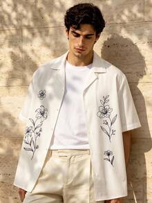 HIMLAND Men's Casual Vacation White And Blue Floral Cuban Camp Collar Shirt,Summer Short Sleeve Button Down,Line Art Minimalist Botanical Print,Relaxed Fit - White - View 8