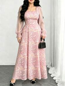 Modelyn 夢幻碎花與圖案仿刺繡印花淺藍色大尺碼女裝方領燈籠長袖極簡長洋裝，夏季收腰優雅長裙，適合夏季度假與日常穿著 - 彩色 - 查看 1
