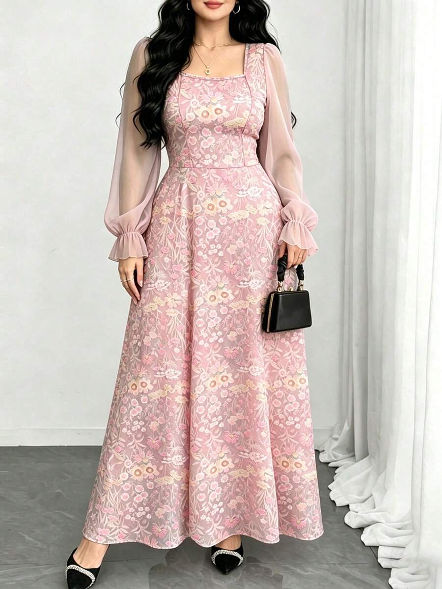 Modelyn 夢幻碎花與圖案仿刺繡印花淺藍色大尺碼女裝方領燈籠長袖極簡長洋裝,夏季收腰優雅長裙,適合夏季度假與日常穿著 - 彩色 - 查看 1