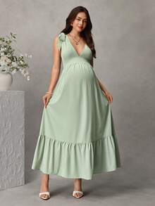 Momance Robe de maternité élégante sans manches avec col en V profond et nœud aux épaules, couleur unie - Vert - Voir 5