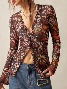 Bohemela Top de mujer de malla tejida con estampado casual - Multicolor - Ver 4