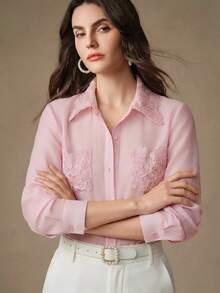 Anewsta Gentle Style Beach Vacation Long Sleeve Ruffle Pocket Creative Commute Style Women's Blouse, Holiday Outfits For Women, Casual Blouses For Women, Summer Top - Pink - View 3