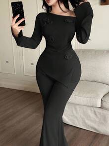 Feyla 女款優雅性感純色3D花卉裝飾不對稱上衣與長褲兩件套，適合外出、夜店派對，黑色，秋季 - 黑色 - 查看 6