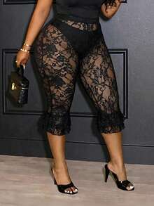 Slaydiva New Summer Sexy Sheer Lace Double Layer Ruffle Bow Decor Capris, Y2K Casual Street Style, Hot Girl Style, Sexy Streetwear, Perfect For Dates Cocktail - Black - View 2