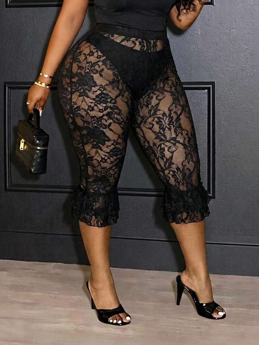 Slaydiva New Summer Sexy Sheer Lace Double Layer Ruffle Bow Decor Capris, Y2K Casual Street Style, Hot Girl Style, Sexy Streetwear, Perfect For Dates Cocktail