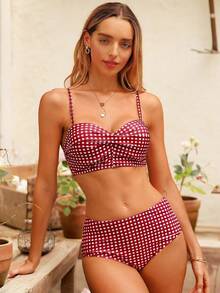 SHEIN Swim Women Bikini Sets Kain genggang Lucu - Red and White - View 3