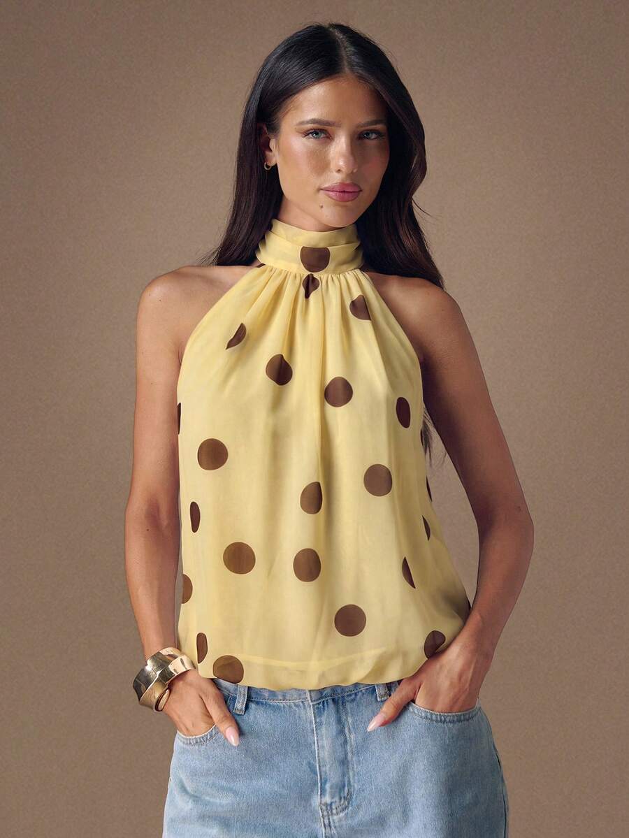 SHEIN BAE Spring/Summer Solid Yellow Polka Dot Backless Halter Neck Mini Sexy Nightclub Top, Suitable For Music Festival, Vacation Wear - Light Yellow - View 1