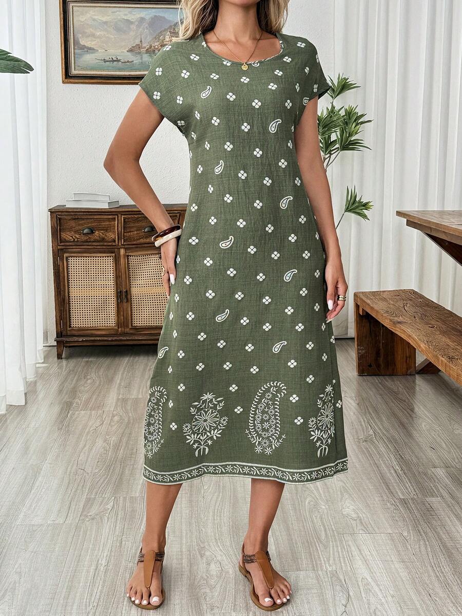 EMERY ROSE Women's Casual Vacation Cashew Flower Print Mid-Length Dress,Summer Dresses For Women - Green - View 1