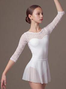 SHEIN Tween Girls Clothes Elegant Sweet Lace Patchwork Versatile Sporty, Cute, School, Back To School - White - View 7