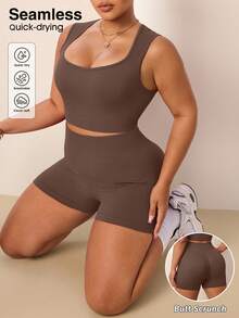 SHEIN Rhythm Era 2pcs Women Plus Size Ribbed Seamless U-Neck Sports Tank Top And Shorts Set, Yoga Outfit High Waist High Stretch 3/4 Length Shorts Set - Rust Brown - View 2