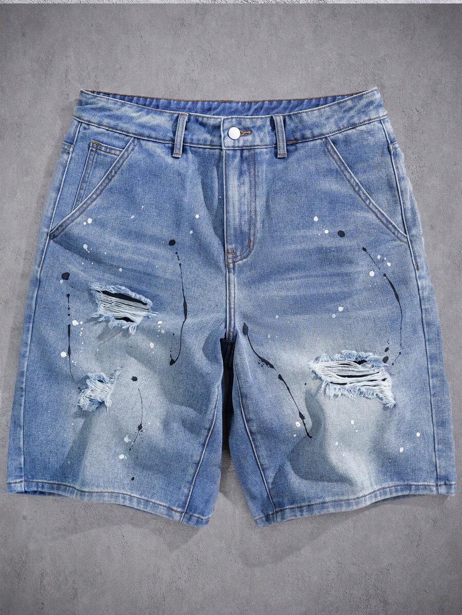 Manfinity Denimwave 男士青年休閒潑墨噴漆做舊淺藍色牛仔短褲 - 淺色水洗藍 - 查看 1