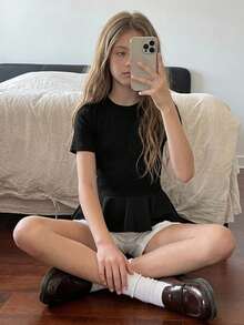 DAZY 青少年女孩夏季休閒百搭純色短袖T恤 - 黑色 - 查看 6