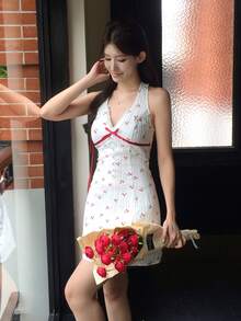DAZY Women's All-Over Floral Print Tie Bow Korean Style Fresh Summer Dress Vacation Red And White Cute - White - View 5
