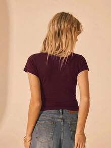Aralina Women's Solid Color Deep V-Neck Ruched Fitted Versatile Casual T-Shirt - Burgundy - View 2