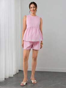 Momance-D Women's Pink Plaid Tank Top + Adjustable Waist Shorts Maternity 2 Pieces Set, Summer Postpartum - Pink - View 6
