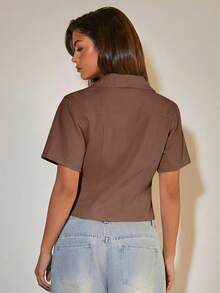 COSMINA Denim 女款牛仔上衣 短袖 棕色系 休閒街頭風 日常穿著 早午餐 日間 夏季 外出 - 棕色 - 查看 2