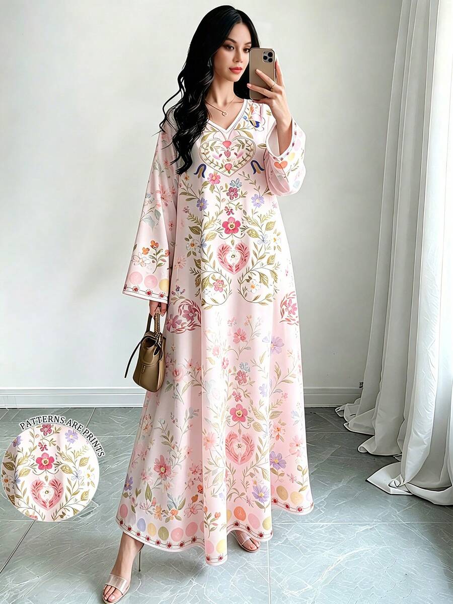 SHEIN Najma 花卉幾何圖案淺粉色女款時尚V領長袖洋裝,優雅阿拉伯風春夏季長版大碼洋裝 - 彩色 - 查看 1