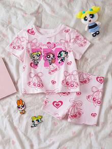 THE POWERPUFF GIRLS X SHEIN 女嬰卡通印花圓領T恤與休閒短褲套裝 - 粉色 - 查看 1