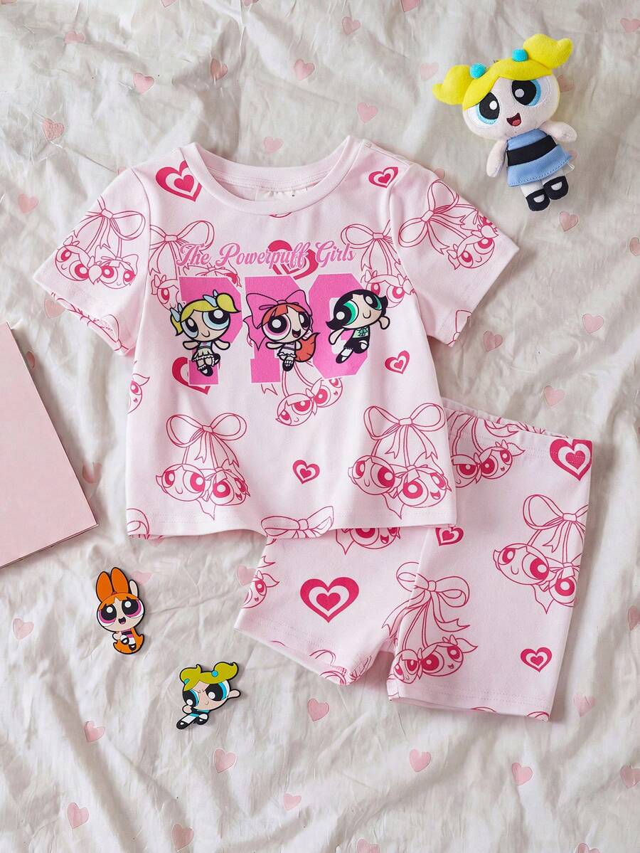 THE POWERPUFF GIRLS X SHEIN 女嬰卡通印花圓領T恤與休閒短褲套裝 - 粉色 - 查看 1