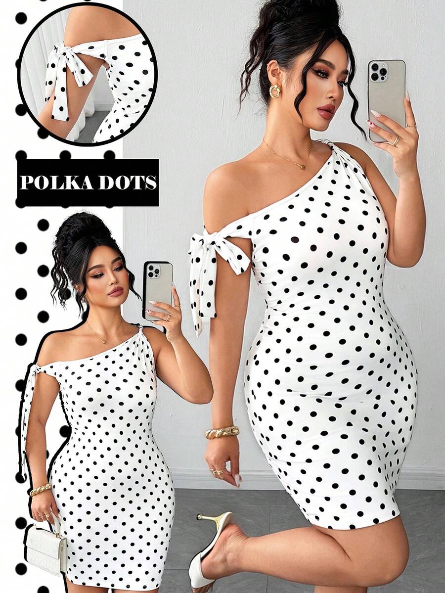 SHEIN Clasi Plus Size Women's Polka Dot Print Knot Design Elegant ...