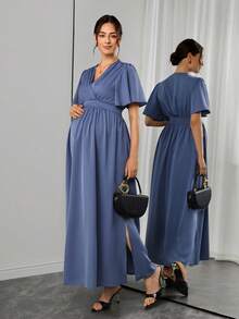 Momance Elegant Maternity Maternity Solid Color Side Slit Maternity Dress For Summer Photoshoot Dusty Blue Photoshoot - Blue - View 9