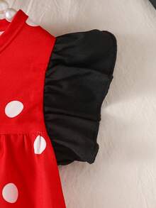 SHEIN Playful Pals 女嬰夏季波點洋裝 黑白波點+胸前蝴蝶結裝飾+喇叭袖 柔軟可愛 - 紅白色 - 查看 6