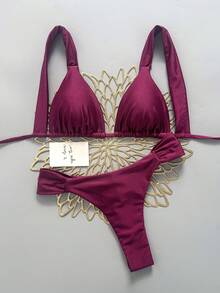 SHEIN Swim 女款性感海灘度假純色時尚熱門色掛脖綁帶＋後背綁帶比基尼上衣，性感抓皺後背＋側腰抓皺設計比基尼褲，街頭風音樂節派對泳池泳衣套裝 - 酒紅色 - 查看 4
