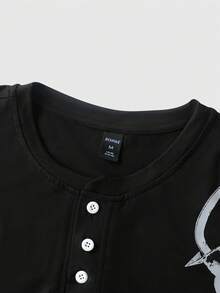 ROMWE MEN Men's Henley Neck Print Loose Fit T-Shirt - Black - View 3