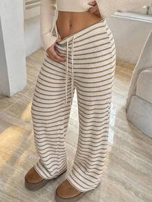 CovetEZ Women's Striped Tie-Waist Flare Leg Pants - Khaki - View 2