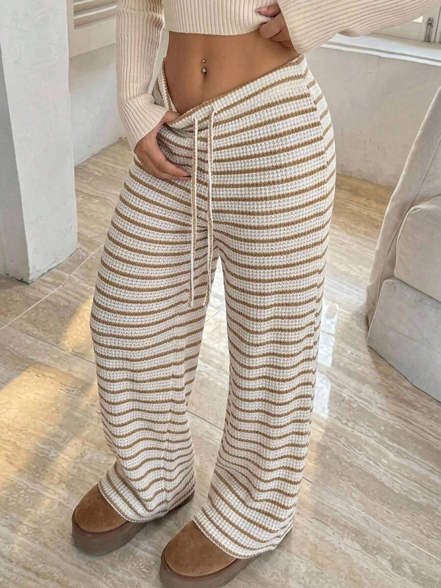 CovetEZ Women's Striped Tie-Waist Flare Leg Pants - Khaki - View 1
