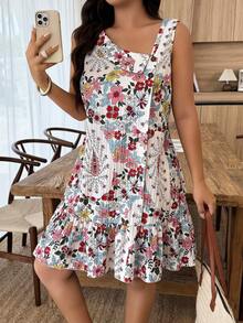 Weeklong Gaun Pendek A-Line Wanita Ukuran Plus untuk Liburan Musim Semi/Panas, Kasual, Leher Asimetris, Motif Renda Bertekstur - MultiWarna - View 1