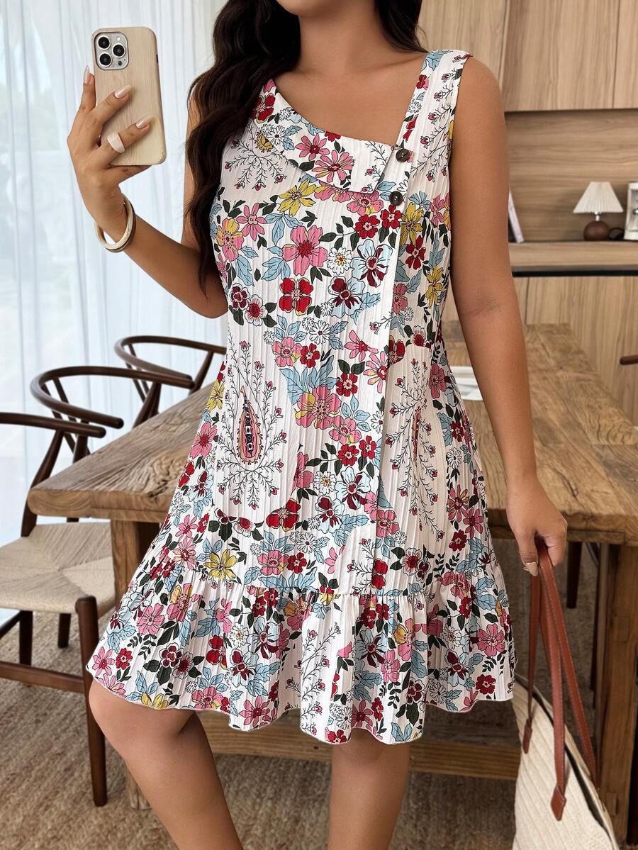 Weeklong Gaun Pendek A-Line Wanita Ukuran Plus untuk Liburan Musim Semi/Panas, Kasual, Leher Asimetris, Motif Renda Bertekstur - MultiWarna - View 1