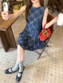 DAZY Women's Round Neck Plaid Sleeveless Korean Style Denim Dress School - Blue - View 6