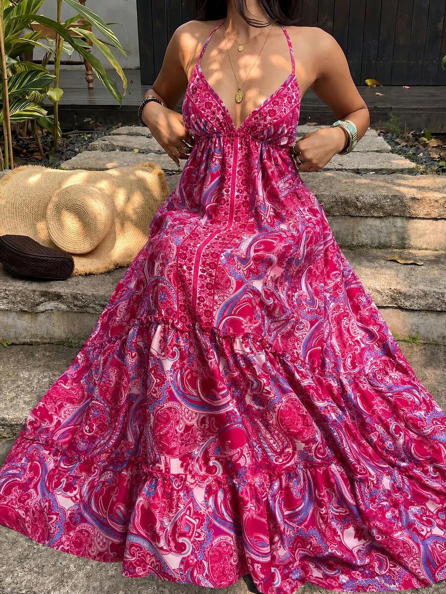 Sunnyshic Women's Spring/Summer Casual Vacation Fashion Street Daily Versatile Bohemian Paisley Print Backless Halter Tie Bow Long Dress - Hot Pink - View 1