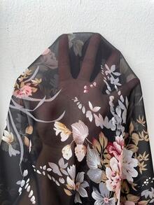 SHEIN CURVE+ 大尺碼休閒寬鬆透視開襟外套，百搭日常穿著，花卉和服風長版開襟，初秋旅行度假款 - 彩色 - 查看 6