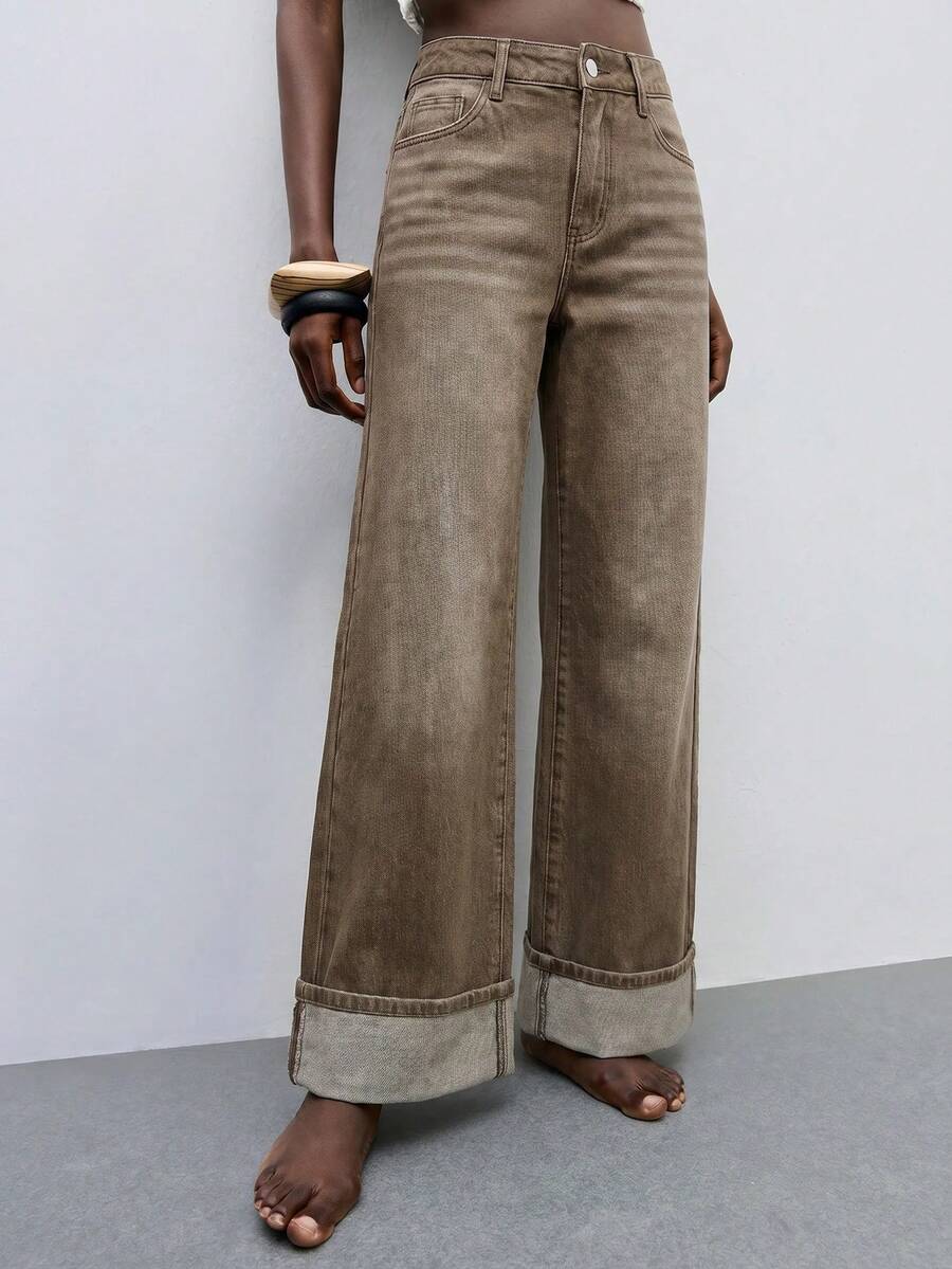 Maija Celana Jeans Wanita Longgar Kasual Model Kaki Lebar dengan Ujung Bawah Digulung dan Saku - Coklat - View 1