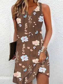 EMERY ROSE Women's Fashion Printed Sleeveless Dress (Asymmetric Floral Pattern) - Khaki - View 4