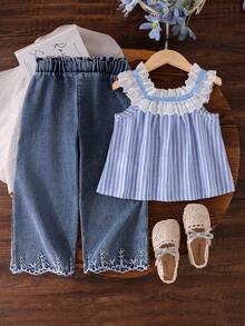 SHEIN Elladie kids 2件組少女休閒時尚圓領無袖寬鬆刺繡蕾絲布料背心上衣 + 牛仔喇叭褲腳刺繡百搭套裝，適合度假旅行日常穿著，夏季柔軟舒適面料，2026春夏新款 - 藍色 - 查看 3