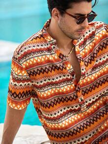 Mercer Haus Men's Orange Vacation Style Half-Placket Short Sleeve Shirt And Shorts Set - Multicolor - View 5