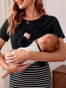 SHEIN 孕妇拼色条纹扭纹修身孕妇哺乳连衣裙 - 黑與白 - 查看 3