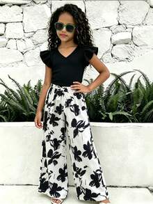 SHEIN Sparklyn Teen Girl Summer Vacation V-Neck Ruffle Sleeve Top + Floral Print Wide Leg Pants Set - Multicolor - View 3