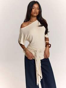 SHEIN BAE Spring/Summer Solid Color Asymmetrical Shoulder Short Sleeve Fitted Ruched Top With Overlay And Bow Tie, Elegant Casual Women's Top Date Light Beige - Apricot - View 6