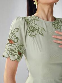 Heiryn 女士圆领花瓣袖收腰中长连衣裙，夏季 - 綠色 - 查看 4