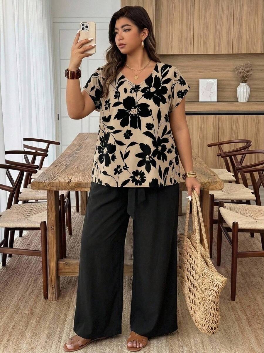 SHEIN CURVE+ Plus Size Women Floral Print V-Neck Blouse And Wide Leg Pants Casual Elegant 2 Pieces Set Vacation Beige Black Summer - White - View 1