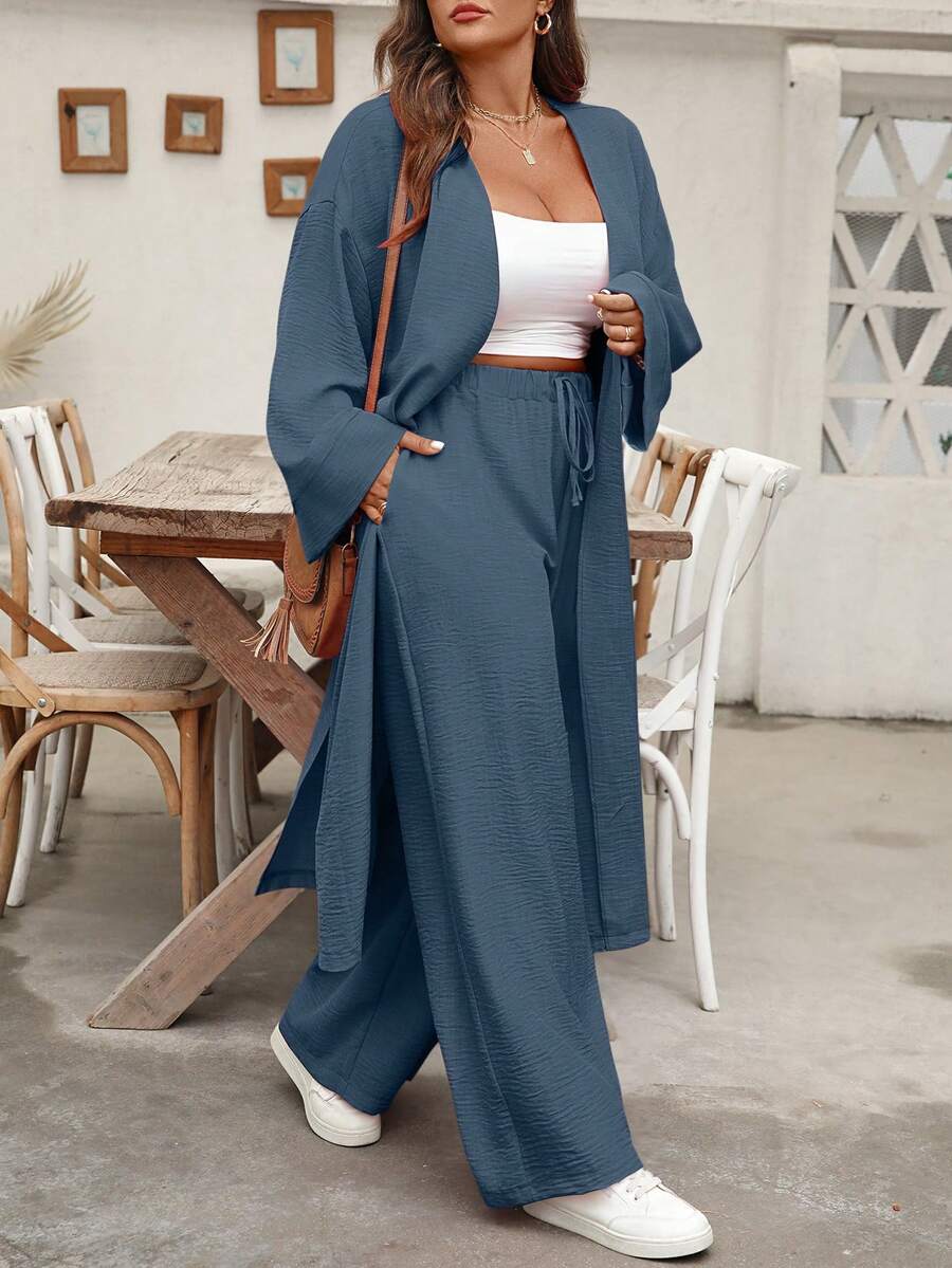EMERY ROSE Plus Size Long Cardigan Shirt & Straight Leg Pants Casual Vacation 2 Pieces Set - Dusty Blue - View 1