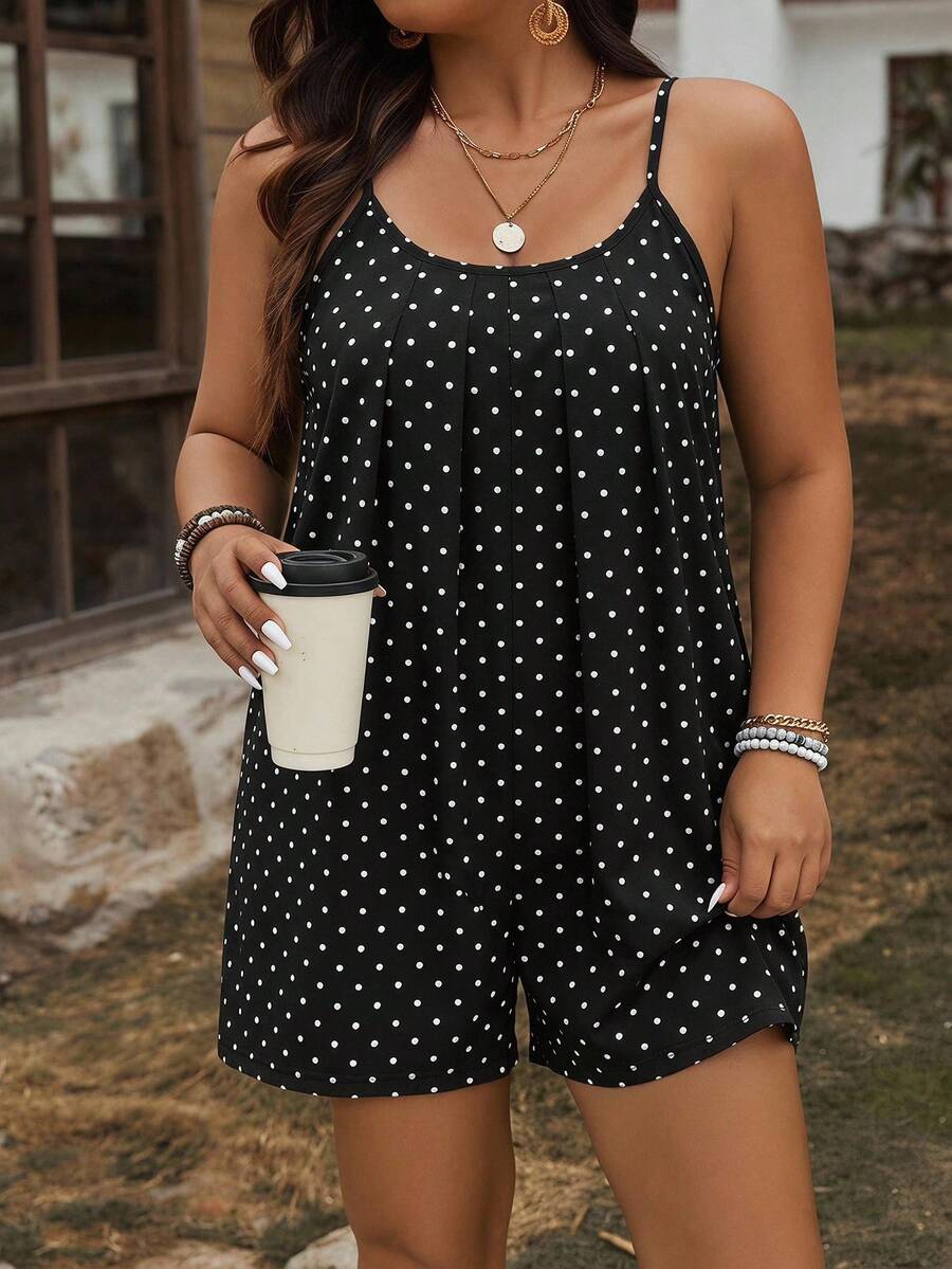 Comfylo 休閒度假風復古波點印花大尺碼女款黑色細肩帶連身褲，適合夏季