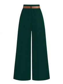 SHEIN Tall CURVE 加大码 TALL 系列女士简约褶裥直筒裤，适合通勤 - 墨綠色 - 查看 2